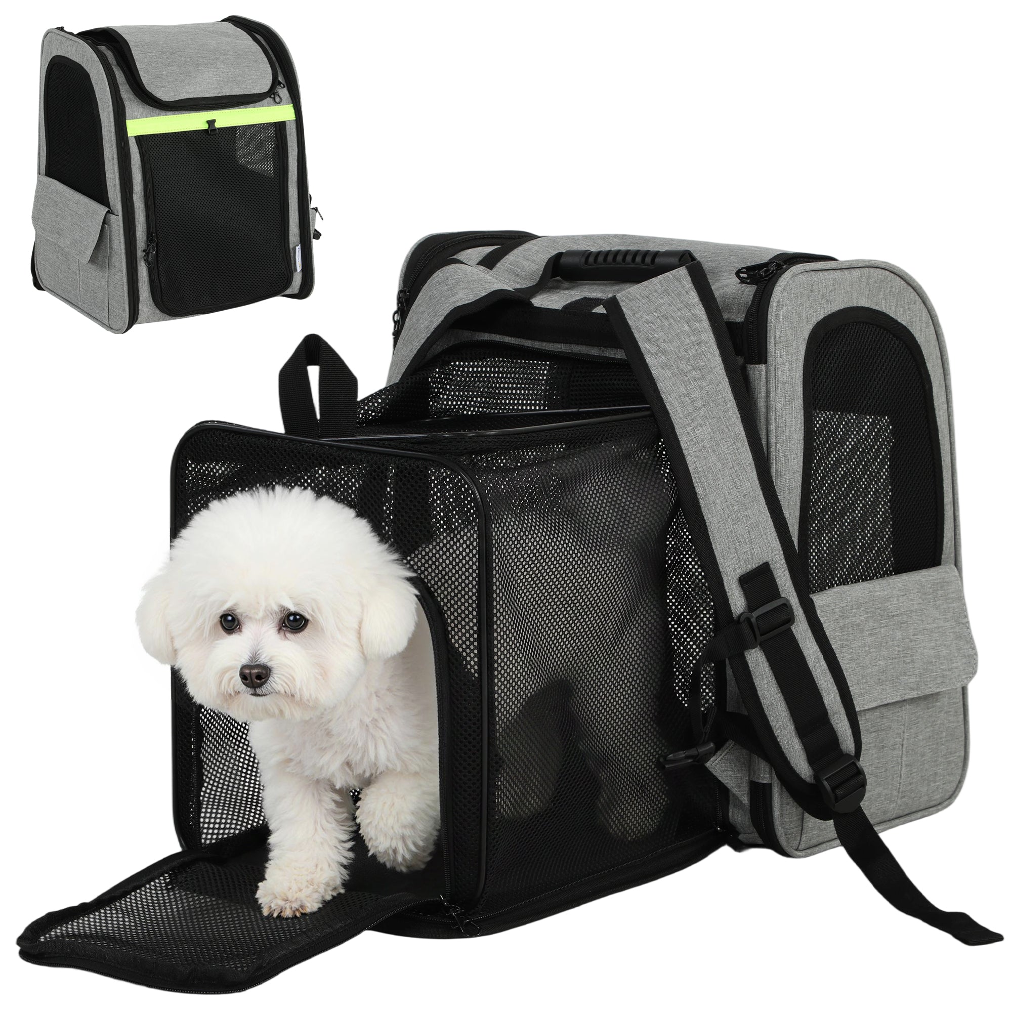 Expandable Dog Carrier with Door, 33.5 x 28 x 42 cm (13.2 x 11.0 x 16.5 in) – 5 Pockets, Reflective Stripe, Carrier for Cats & Dogs up to 10 kg (22 lb) – Light Gray