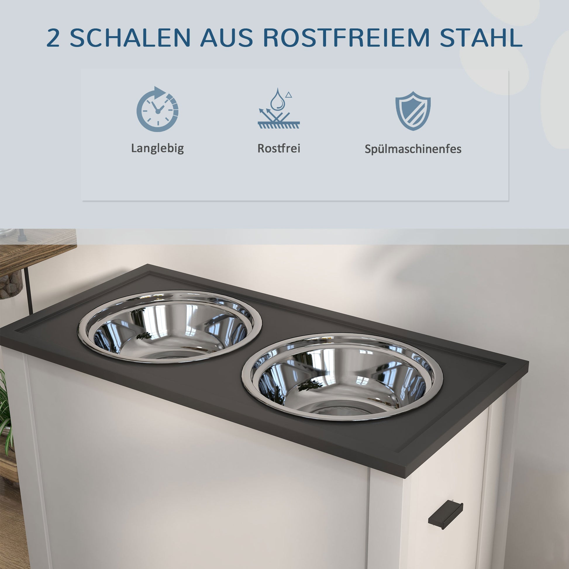 Dog Bowl, Pet Feeder Station with Storage, Water Bowl, Bowl Stand with 2 L Stainless Steel Bowls, Dog Bowl Stand, Feeding Bowl for Large Dogs, White