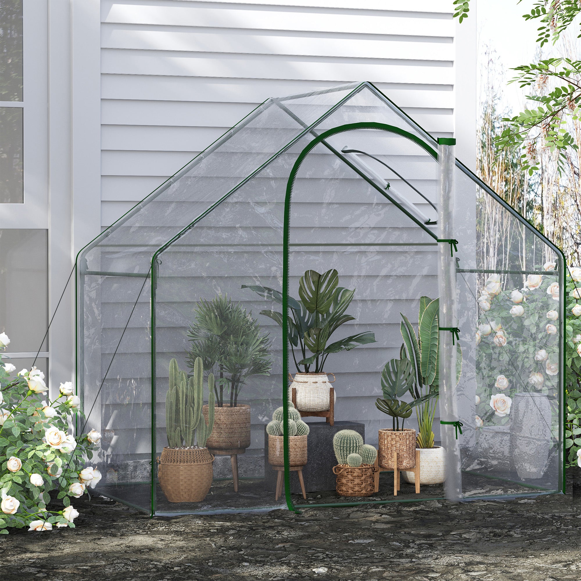 PVC Garden Greenhouse, balcony greenhouse, reinforced tarpaulin, steel frame, roll-up zippered door, for vegetables plants, indoor and outdoor, 180 x 100 x 168 cm, transparent green
