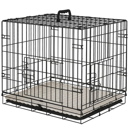 Small Dog Crate with Cushion, 2 Doors, Removable Tray, and Metal Wire Frame 60x40x50 cm Black and Beige