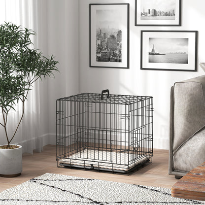 Small Dog Crate with Cushion, 2 Doors, Removable Tray, and Metal Wire Frame 60x40x50 cm Black and Beige