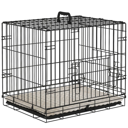 Small Dog Crate with Cushion, 2 Doors, Removable Tray, and Metal Wire Frame 60x40x50 cm Black and Beige