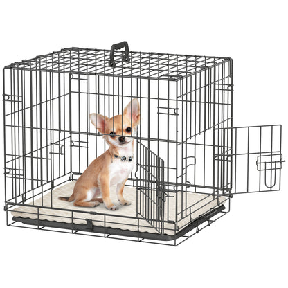 Small Dog Crate with Cushion, 2 Doors, Removable Tray, and Metal Wire Frame 60x40x50 cm Black and Beige