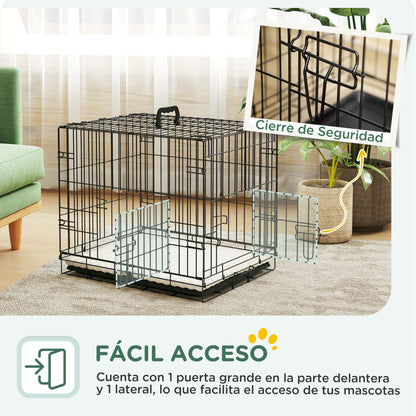 Small Dog Crate with Cushion, 2 Doors, Removable Tray, and Metal Wire Frame 60x40x50 cm Black and Beige