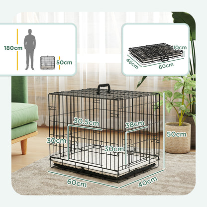 Small Dog Crate with Cushion, 2 Doors, Removable Tray, and Metal Wire Frame 60x40x50 cm Black and Beige