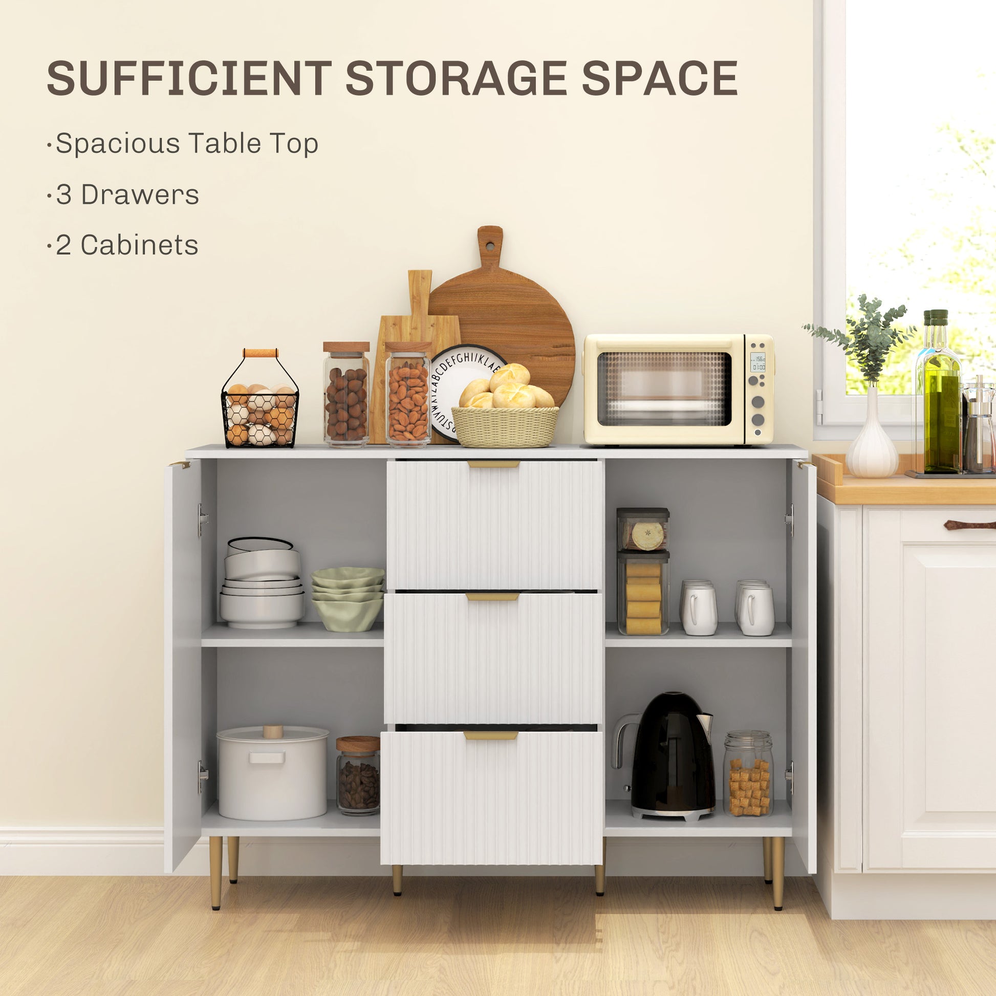 Modern Kitchen Buffet Sideboard with 3 Drawers and 2 Cabinets with 2 Doors, Kitchen Cabinet with Adjustable Shelves Legs, Buffet Cabinet for Living Room and Entryway in Wood, 120x40x90 cm, White