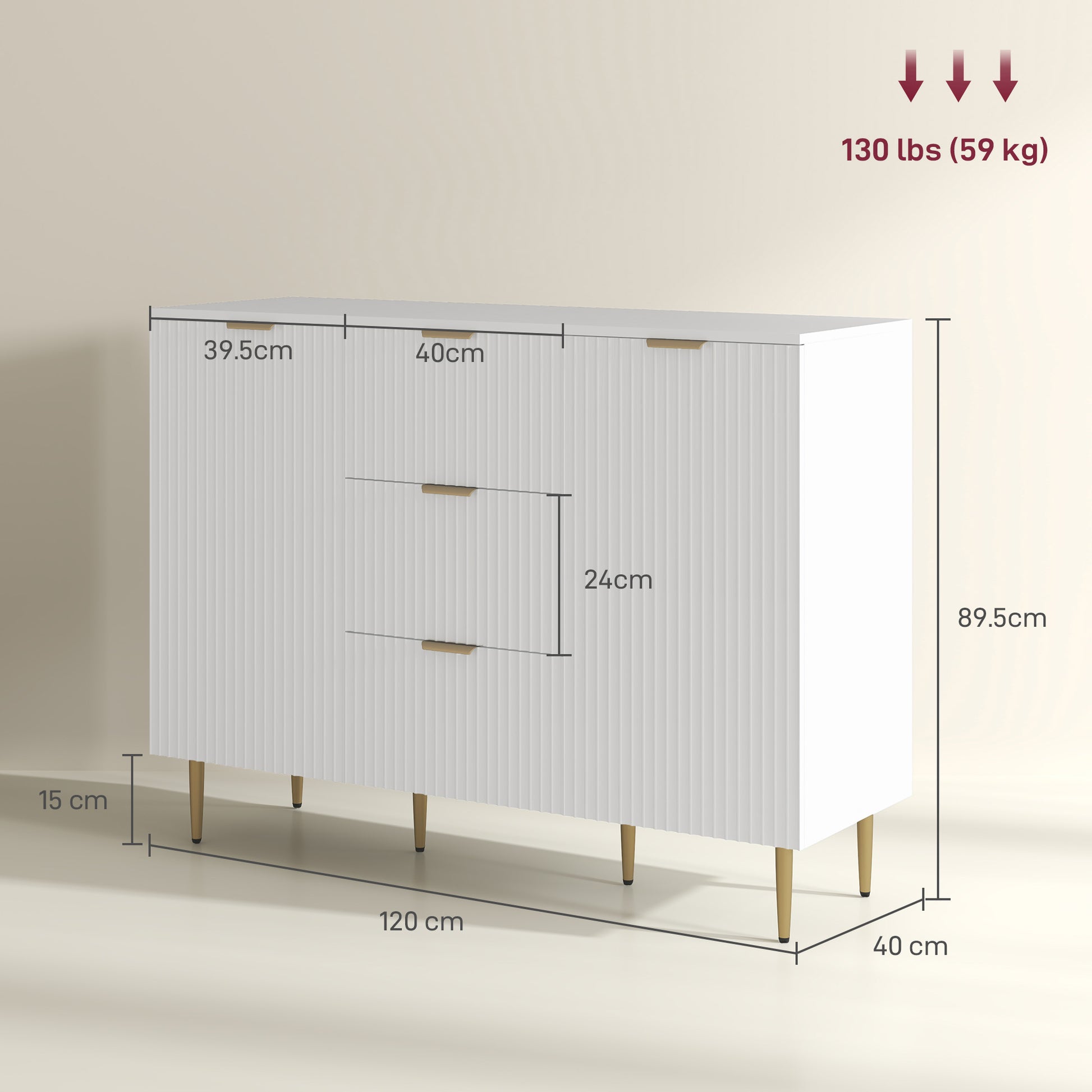 Modern Kitchen Buffet Sideboard with 3 Drawers and 2 Cabinets with 2 Doors, Kitchen Cabinet with Adjustable Shelves Legs, Buffet Cabinet for Living Room and Entryway in Wood, 120x40x90 cm, White