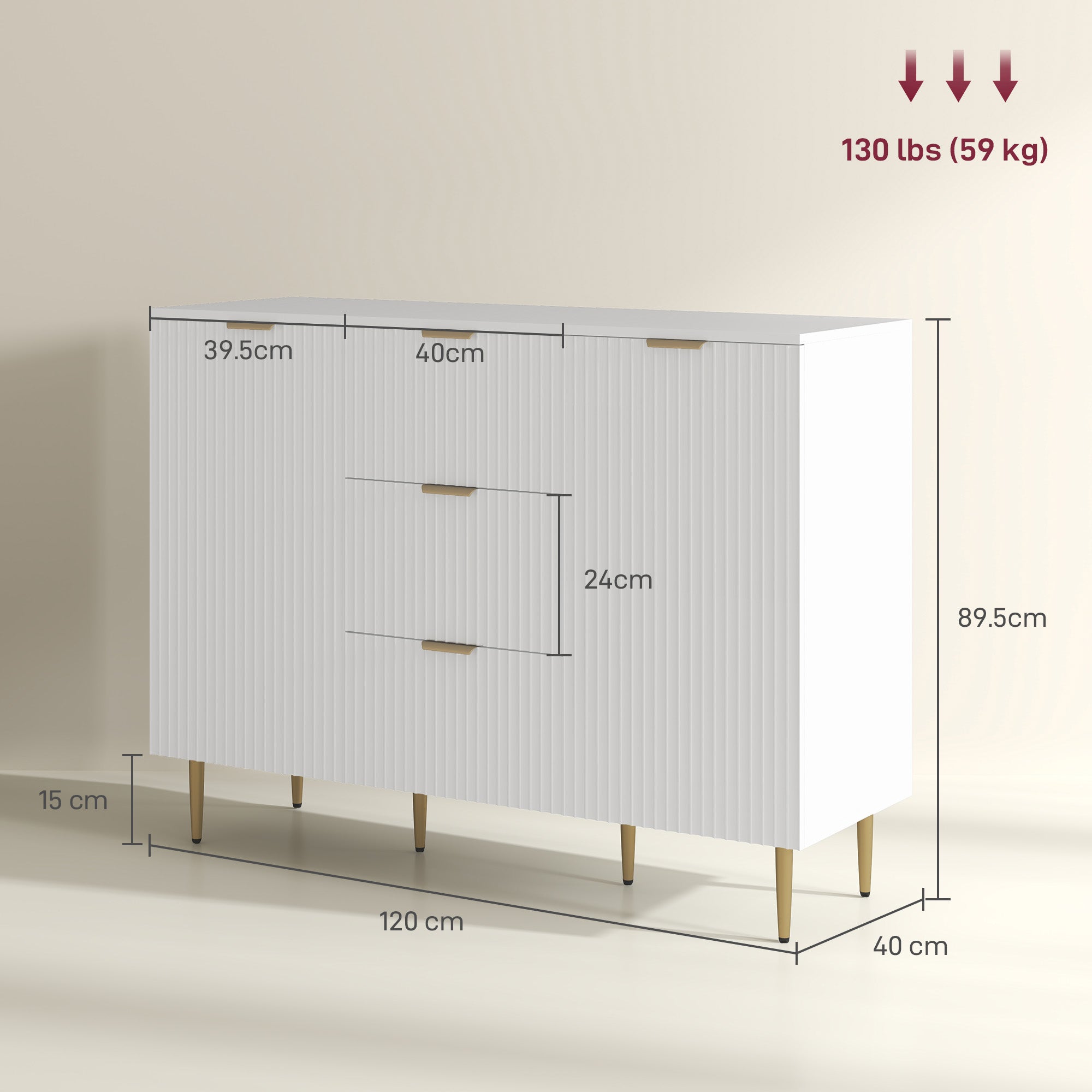 Modern Kitchen Buffet Sideboard with 3 Drawers and 2 Cabinets with 2 Doors, Kitchen Cabinet with Adjustable Shelves Legs, Buffet Cabinet for Living Room and Entryway in Wood, 120x40x90 cm, White