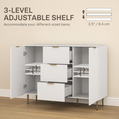 Modern Kitchen Buffet Sideboard with 3 Drawers and 2 Cabinets with 2 Doors, Kitchen Cabinet with Adjustable Shelves Legs, Buffet Cabinet for Living Room and Entryway in Wood, 120x40x90 cm, White