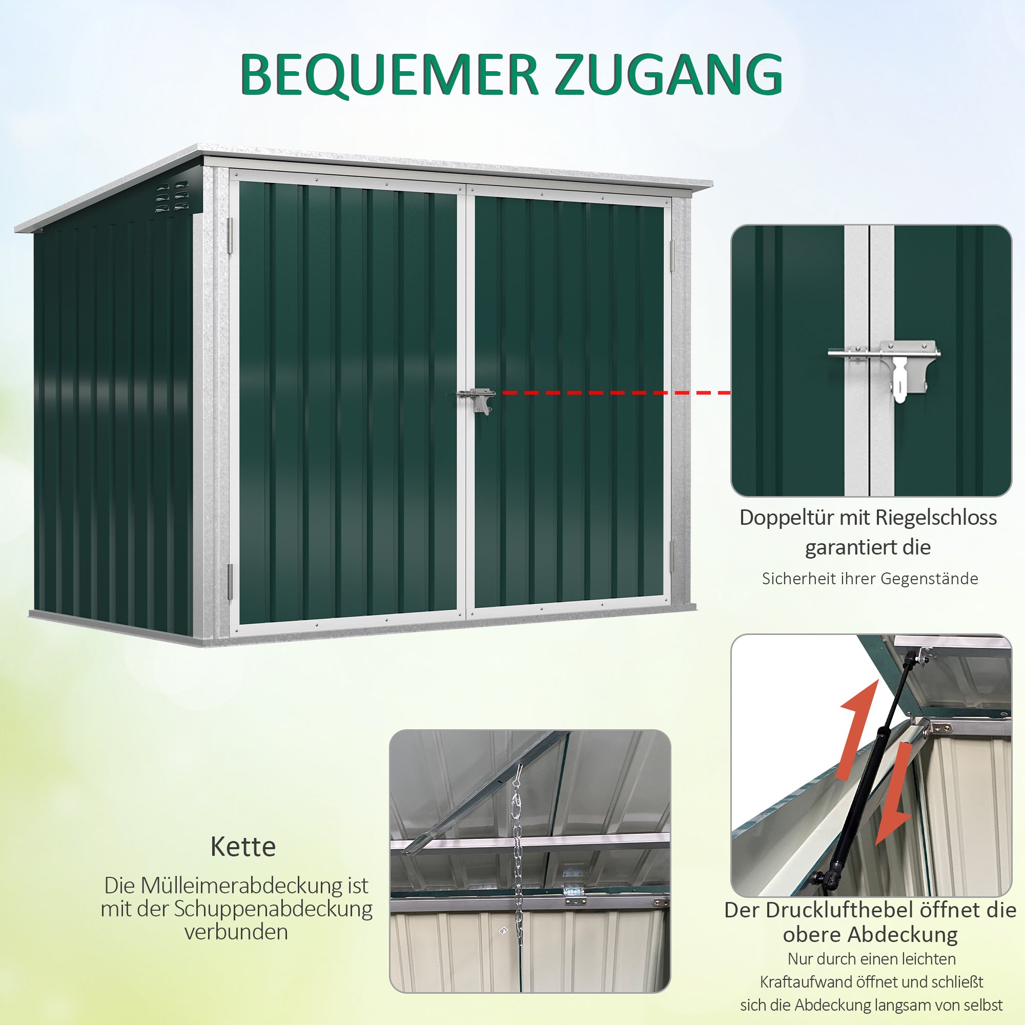 Trash Can Box Storage Bin Storer Lockable Equipment Box for 2 Trash Cans Steel 178.5 x 104.5 x 128.5/113 cm Green
