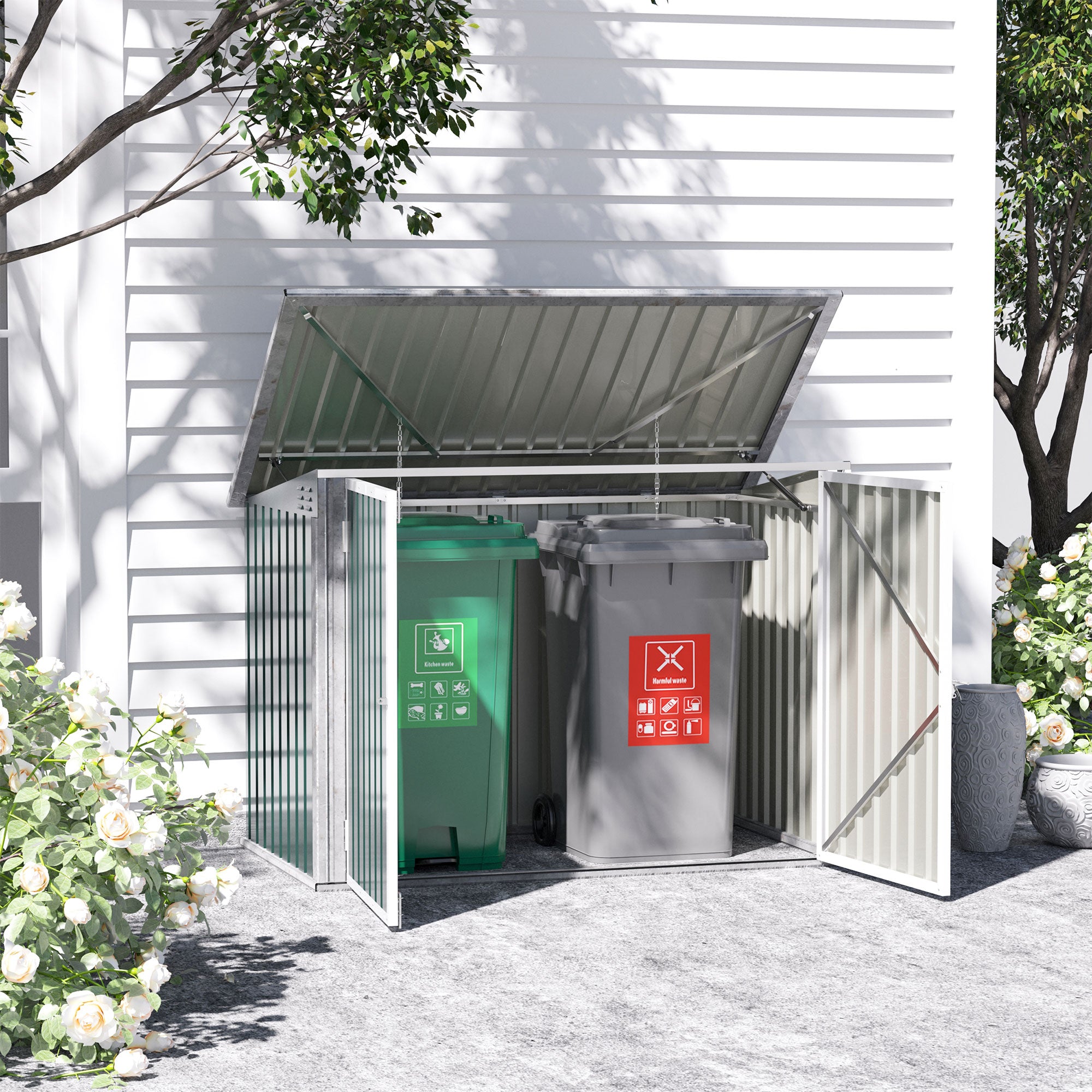 Trash Can Box Storage Bin Storer Lockable Equipment Box for 2 Trash Cans Steel 178.5 x 104.5 x 128.5/113 cm Green