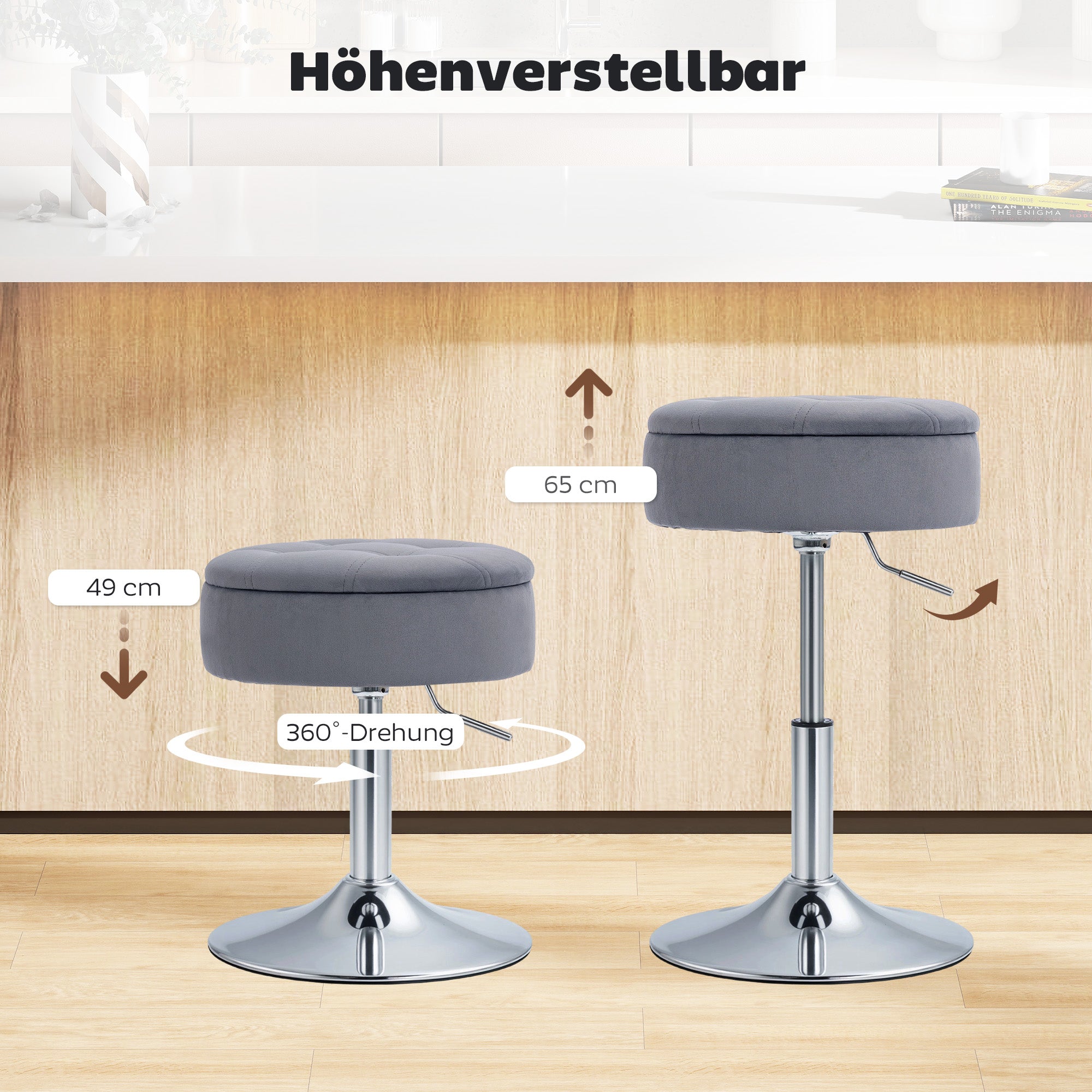 Velvet Bar Stool with Hidden Storage, Swivel & Height Adjustable Counter Stool, Gray