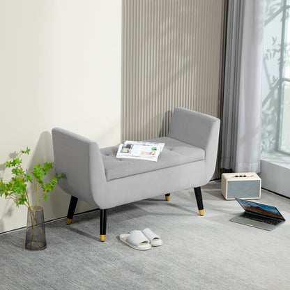 Bench with Storage Armrests Upholstered Bench with Velvet Look, Storage Chest with Wooden Legs, Chest Bench for Living Room Bedroom Hallway 107 x 42 x 65 cm, Light Gray