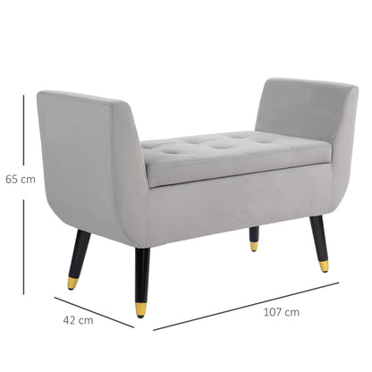 Bench with Storage Armrests Upholstered Bench with Velvet Look, Storage Chest with Wooden Legs, Chest Bench for Living Room Bedroom Hallway 107 x 42 x 65 cm, Light Gray