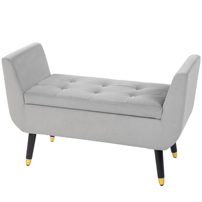 Bench with Storage Armrests Upholstered Bench with Velvet Look, Storage Chest with Wooden Legs, Chest Bench for Living Room Bedroom Hallway 107 x 42 x 65 cm, Light Gray
