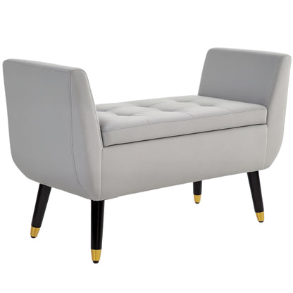 Bench with Storage Armrests Upholstered Bench with Velvet Look, Storage Chest with Wooden Legs, Chest Bench for Living Room Bedroom Hallway 107 x 42 x 65 cm, Light Gray