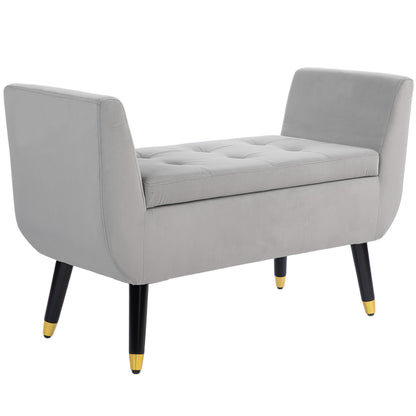 Bench with Storage Armrests Upholstered Bench with Velvet Look, Storage Chest with Wooden Legs, Chest Bench for Living Room Bedroom Hallway 107 x 42 x 65 cm, Light Gray