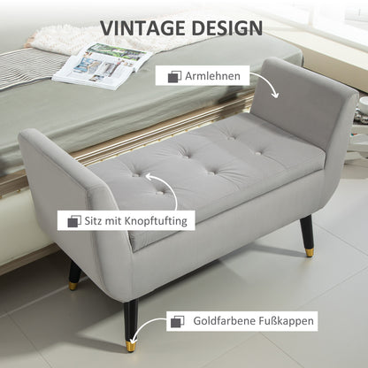 Bench with Storage Armrests Upholstered Bench with Velvet Look, Storage Chest with Wooden Legs, Chest Bench for Living Room Bedroom Hallway 107 x 42 x 65 cm, Light Gray