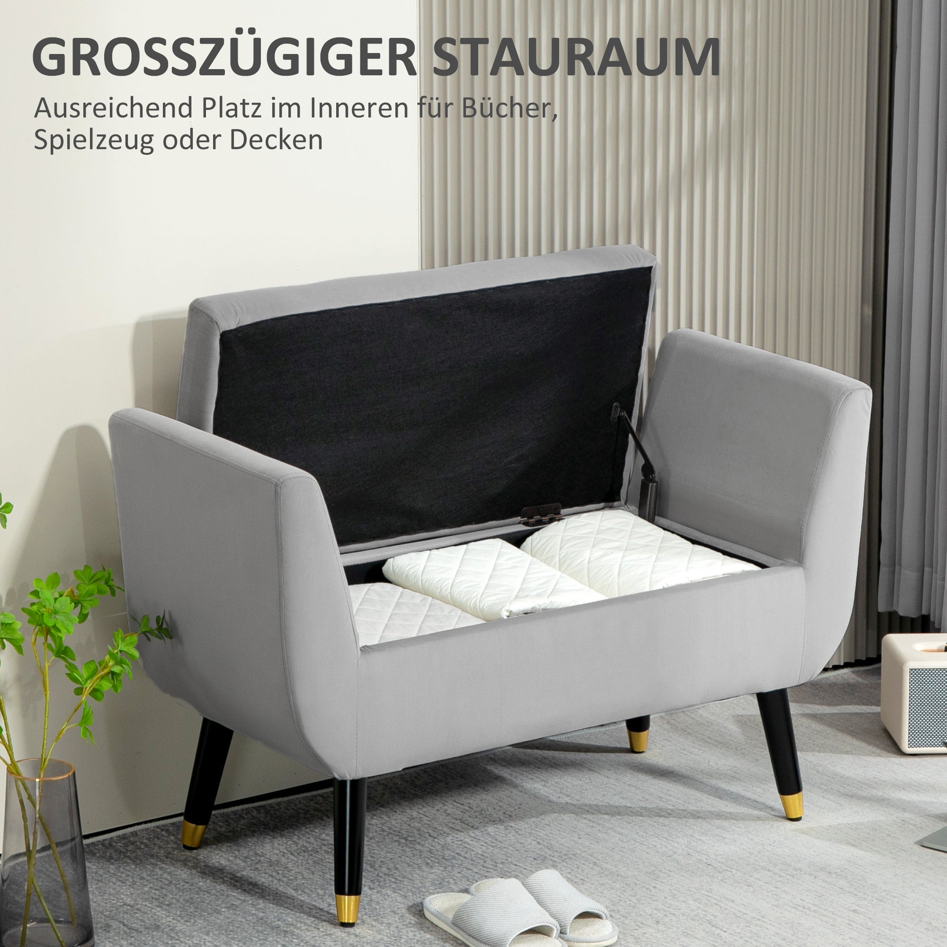 Bench with Storage Armrests Upholstered Bench with Velvet Look, Storage Chest with Wooden Legs, Chest Bench for Living Room Bedroom Hallway 107 x 42 x 65 cm, Light Gray