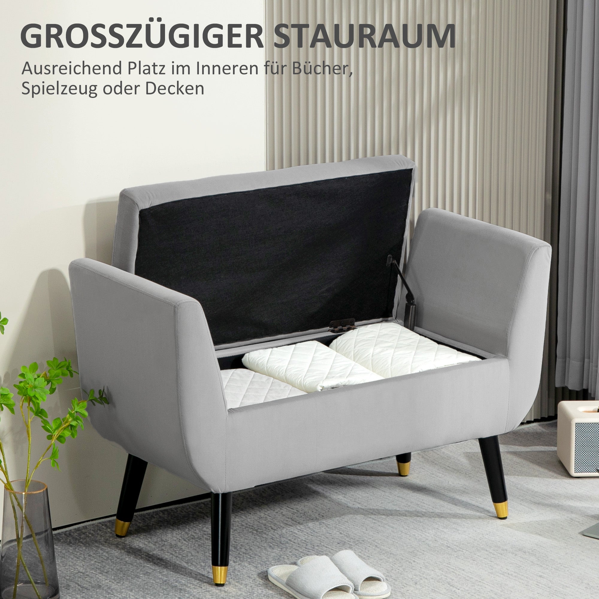 Bench with Storage Armrests Upholstered Bench with Velvet Look, Storage Chest with Wooden Legs, Chest Bench for Living Room Bedroom Hallway 107 x 42 x 65 cm, Light Gray