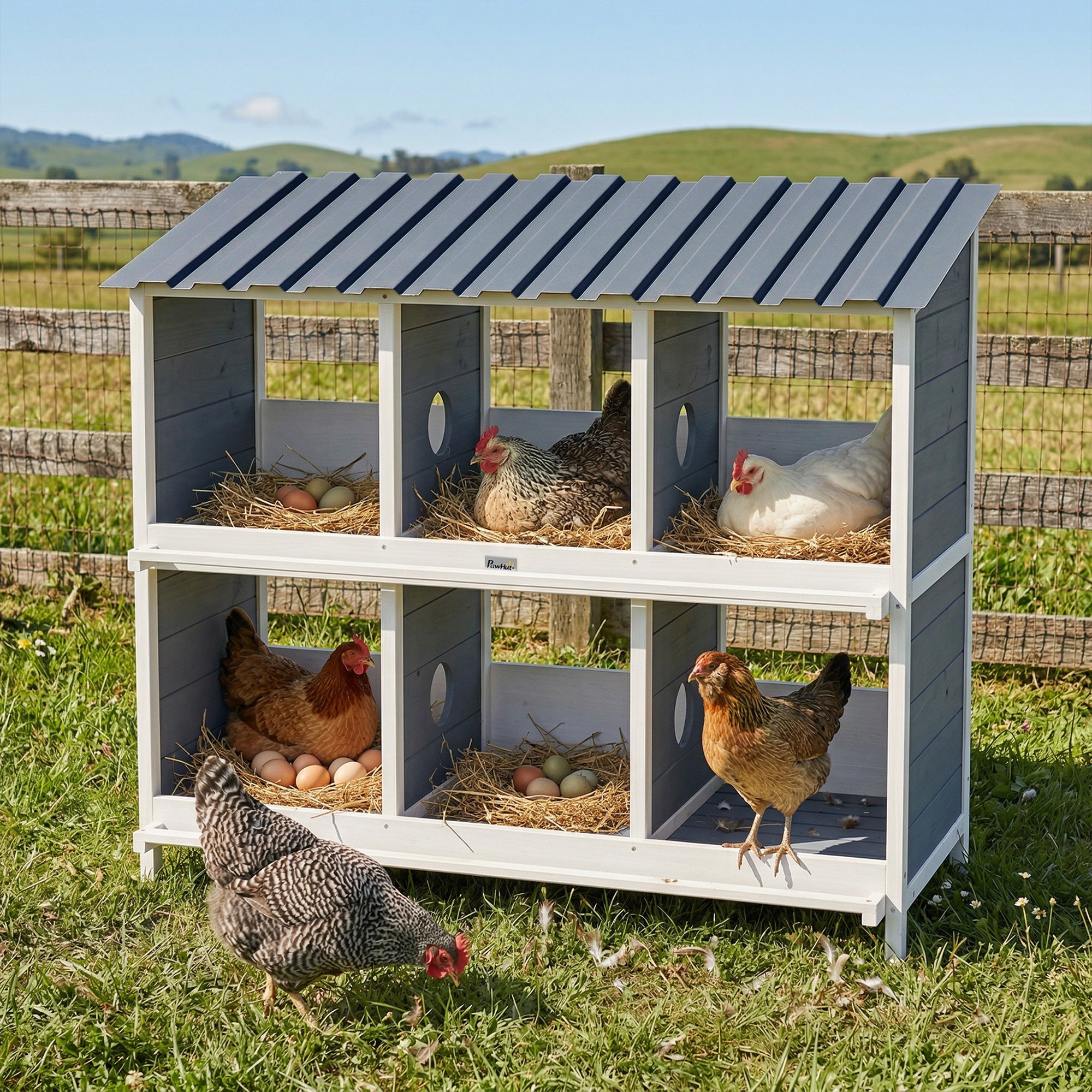 Elevated Wooden Nesting Box for Chickens — 6 Compartments & 4 Perches, 40.2×19.7×35.8 in, Gray