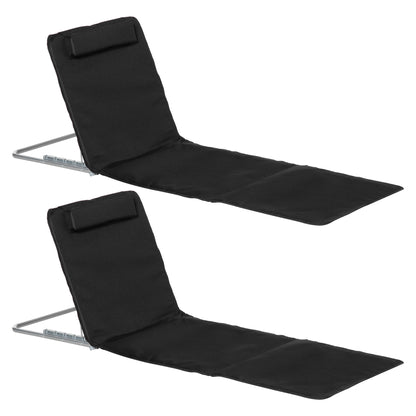 Set of 2 Foldable Beach Mats with Reclining Backrest in 5 Levels Headrest and Carrying Bag 134x48x33-43 cm Black