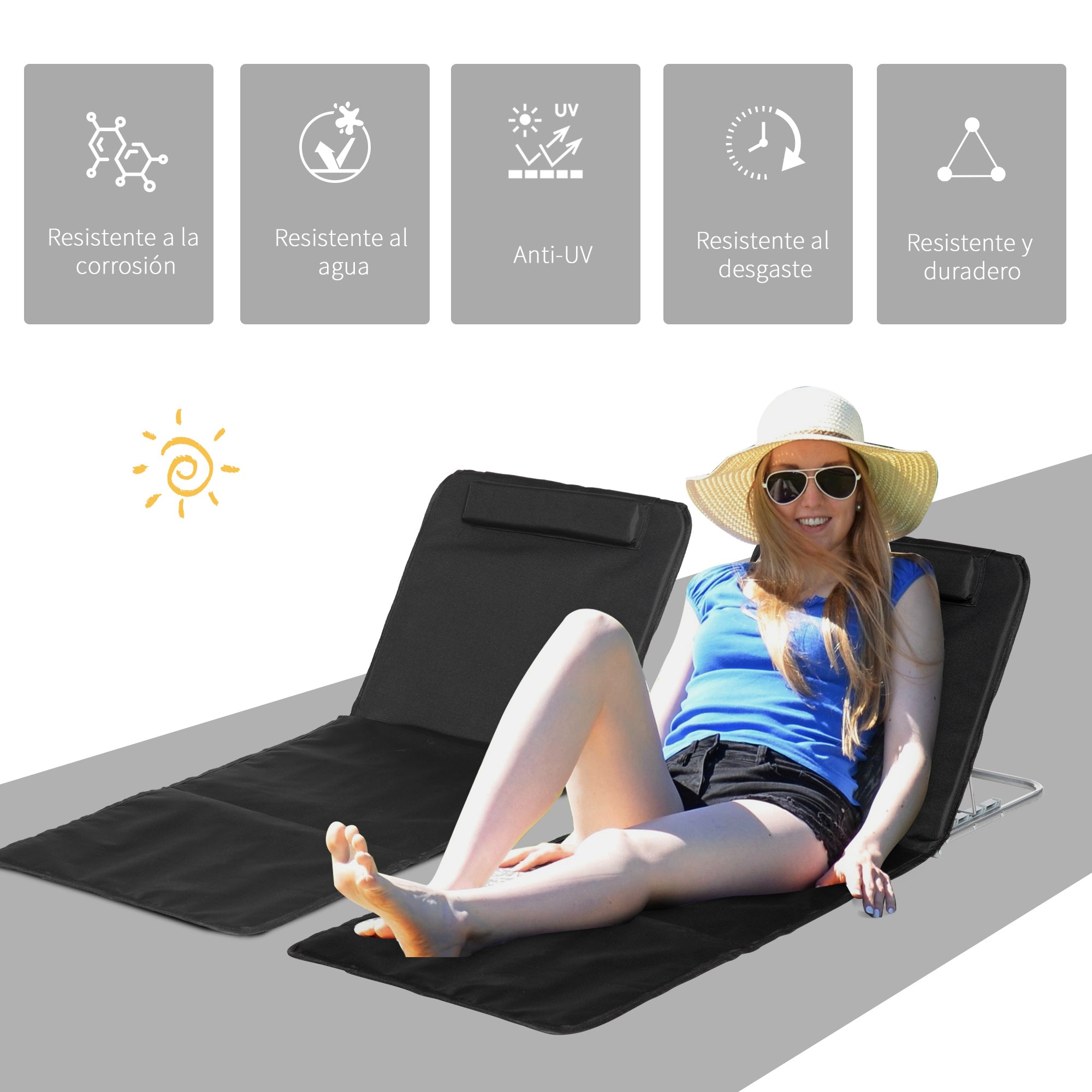 Set of 2 Foldable Beach Mats with Reclining Backrest in 5 Levels Headrest and Carrying Bag 134x48x33-43 cm Black