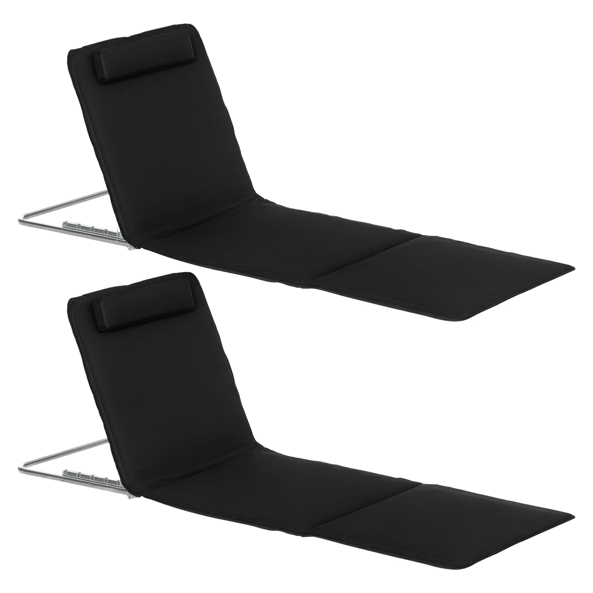Set of 2 Foldable Beach Mats with Reclining Backrest in 5 Levels Headrest and Carrying Bag 134x48x33-43 cm Black