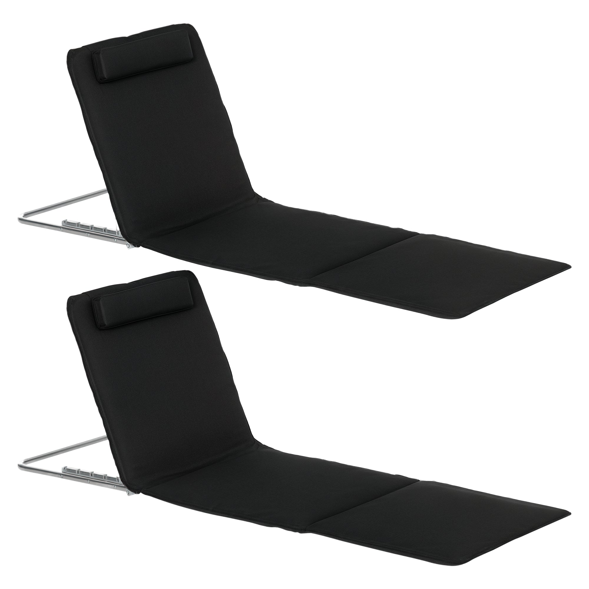 Set of 2 Foldable Beach Mats with Reclining Backrest in 5 Levels Headrest and Carrying Bag 134x48x33-43 cm Black