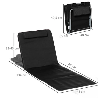 Set of 2 Foldable Beach Mats with Reclining Backrest in 5 Levels Headrest and Carrying Bag 134x48x33-43 cm Black