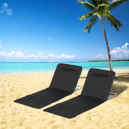 Set of 2 Foldable Beach Mats with Reclining Backrest in 5 Levels Headrest and Carrying Bag 134x48x33-43 cm Black