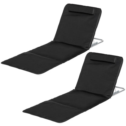Set of 2 Foldable Beach Mats with Reclining Backrest in 5 Levels Headrest and Carrying Bag 134x48x33-43 cm Black