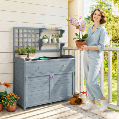 Light Gray Outdoor Potting Bench with Cabinet & Galvanized Worktop, 2 Drawers — 104 x 44 x 140 cm (41 x 17.3 x 55.1 in)