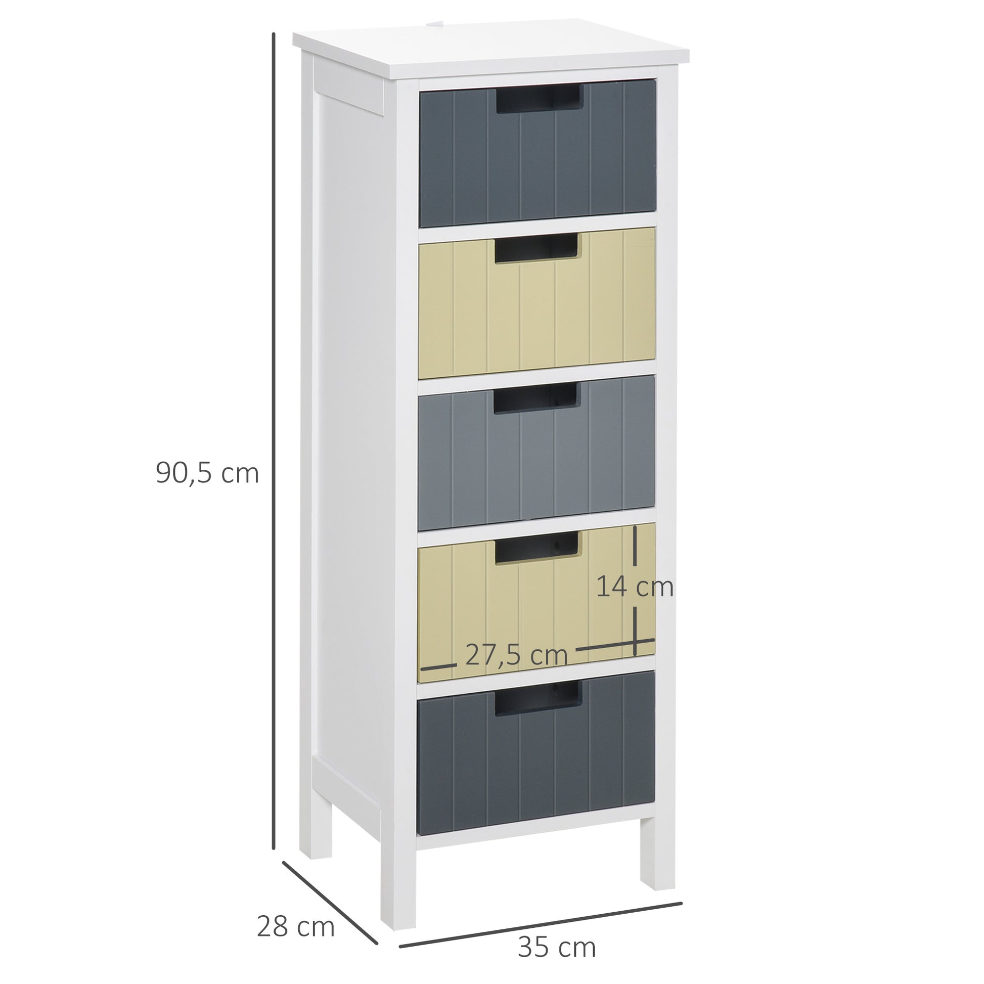 Wood Chest of Drawers with 5 Drawers Nightstand with Raised Legs Modern Style for Bedroom Living Room Bathroom 35x28x90.5 cm Multicolor
