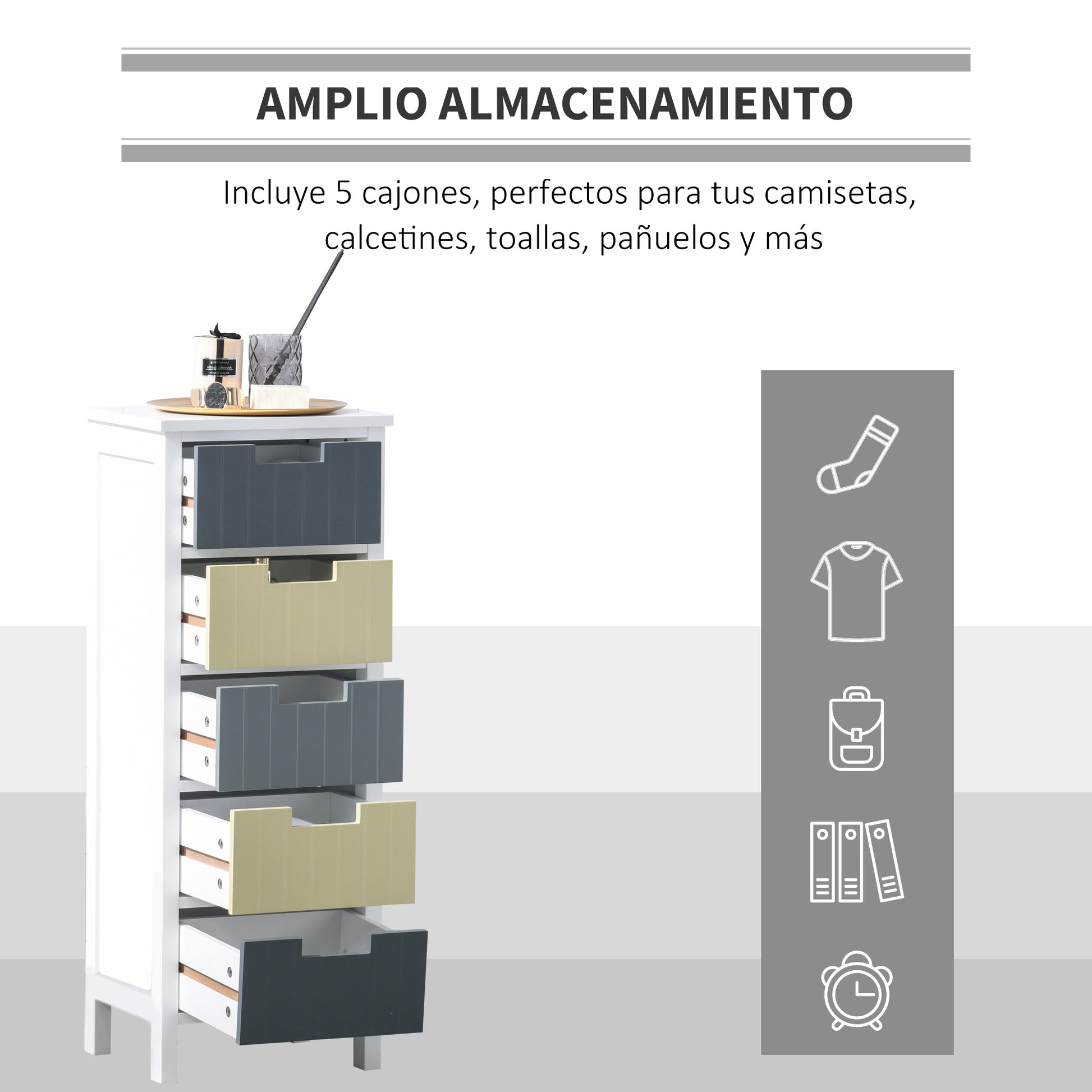 Wood Chest of Drawers with 5 Drawers Nightstand with Raised Legs Modern Style for Bedroom Living Room Bathroom 35x28x90.5 cm Multicolor