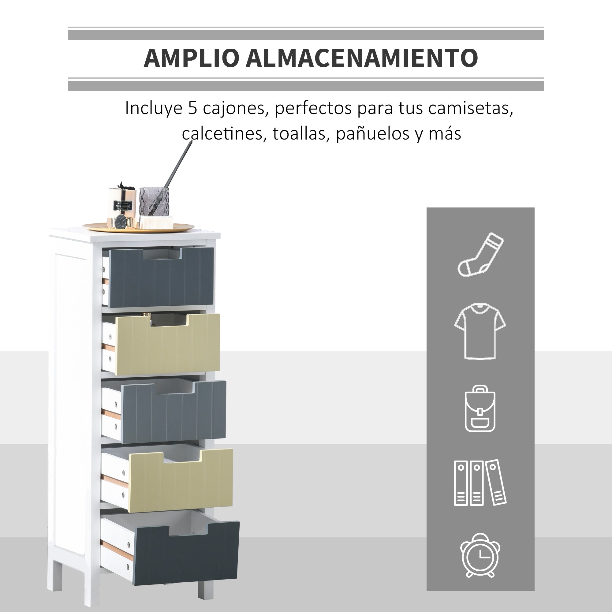 Wood Chest of Drawers with 5 Drawers Nightstand with Raised Legs Modern Style for Bedroom Living Room Bathroom 35x28x90.5 cm Multicolor