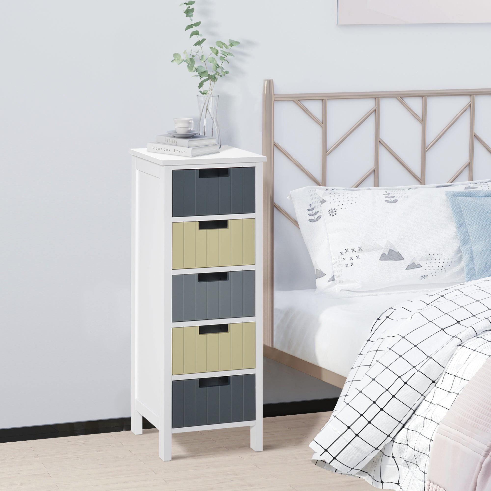 Wood Chest of Drawers with 5 Drawers Nightstand with Raised Legs Modern Style for Bedroom Living Room Bathroom 35x28x90.5 cm Multicolor