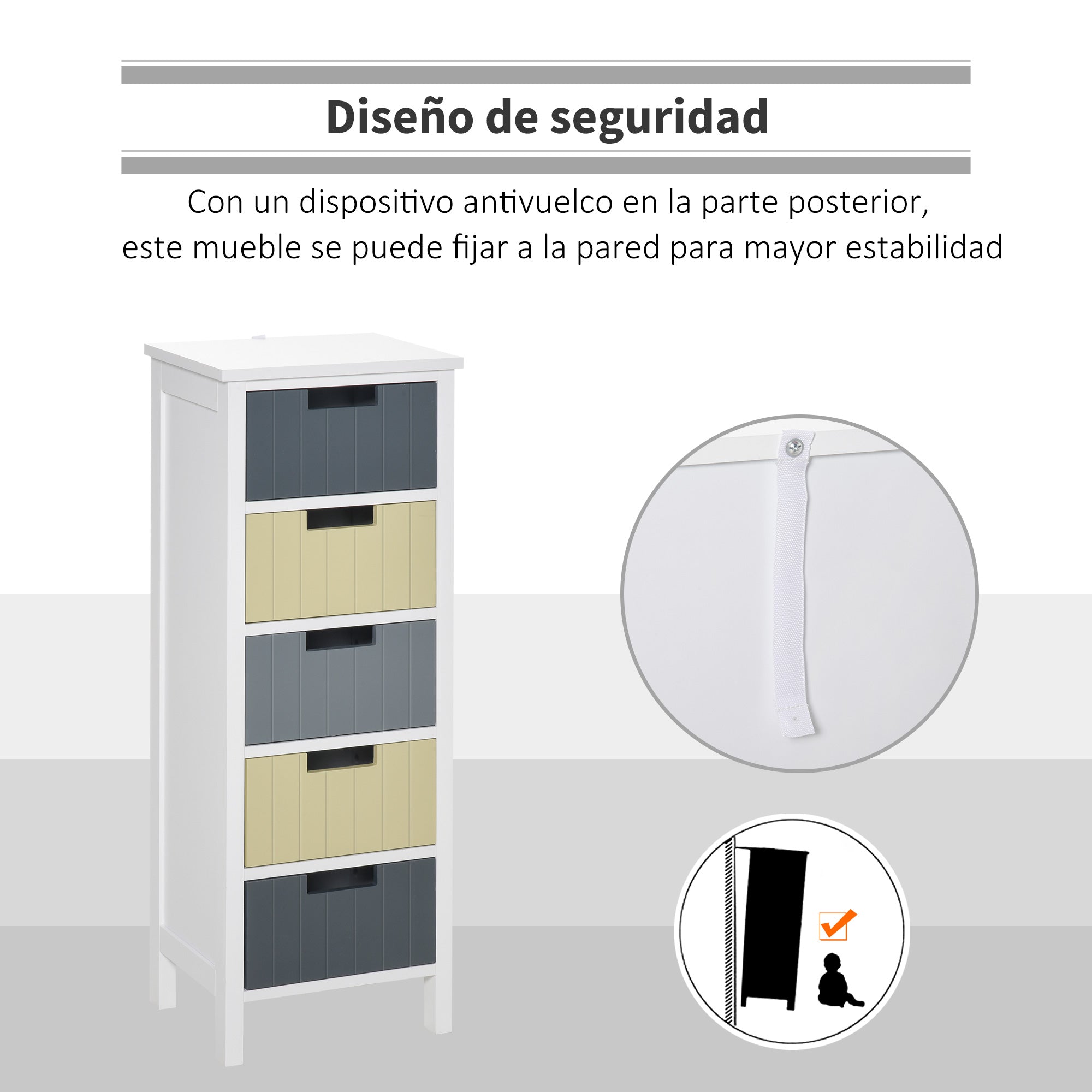 Wood Chest of Drawers with 5 Drawers Nightstand with Raised Legs Modern Style for Bedroom Living Room Bathroom 35x28x90.5 cm Multicolor