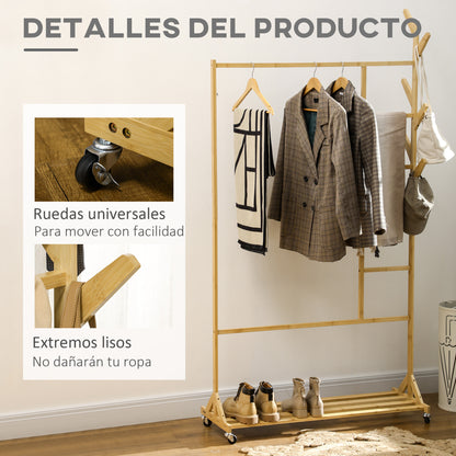 Bamboo Standing Clothes Rail with Wheels Coat Rack with 6 Hooks Hanging Rail and Shelf for Hallway Entryway Bedroom 100x37x191 cm Natural