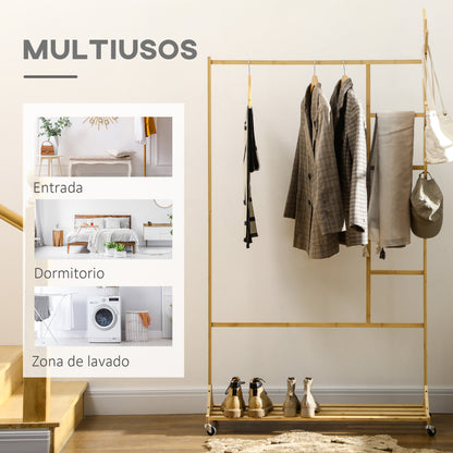 Bamboo Standing Clothes Rail with Wheels Coat Rack with 6 Hooks Hanging Rail and Shelf for Hallway Entryway Bedroom 100x37x191 cm Natural