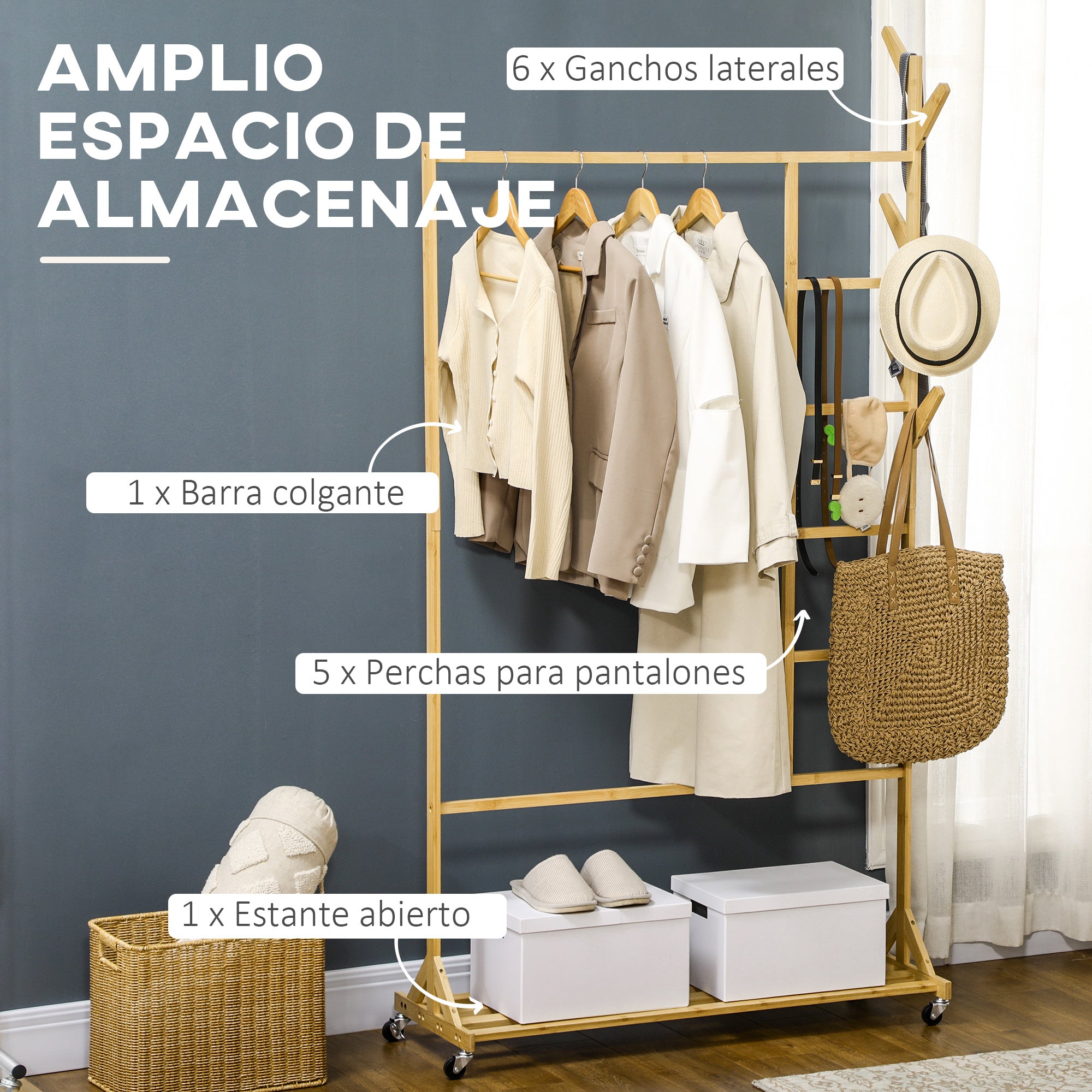 Bamboo Standing Clothes Rail with Wheels Coat Rack with 6 Hooks Hanging Rail and Shelf for Hallway Entryway Bedroom 100x37x191 cm Natural