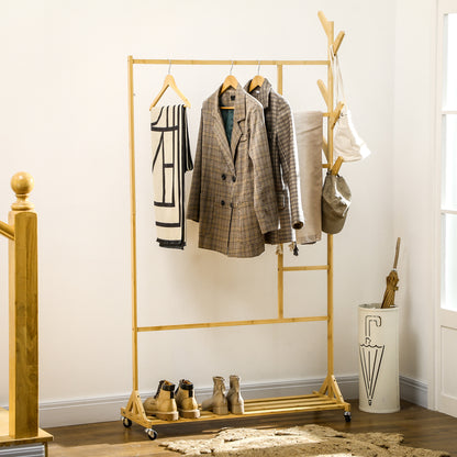 Bamboo Standing Clothes Rail with Wheels Coat Rack with 6 Hooks Hanging Rail and Shelf for Hallway Entryway Bedroom 100x37x191 cm Natural
