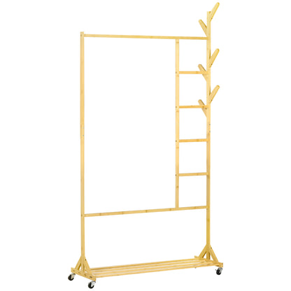 Bamboo Standing Clothes Rail with Wheels Coat Rack with 6 Hooks Hanging Rail and Shelf for Hallway Entryway Bedroom 100x37x191 cm Natural