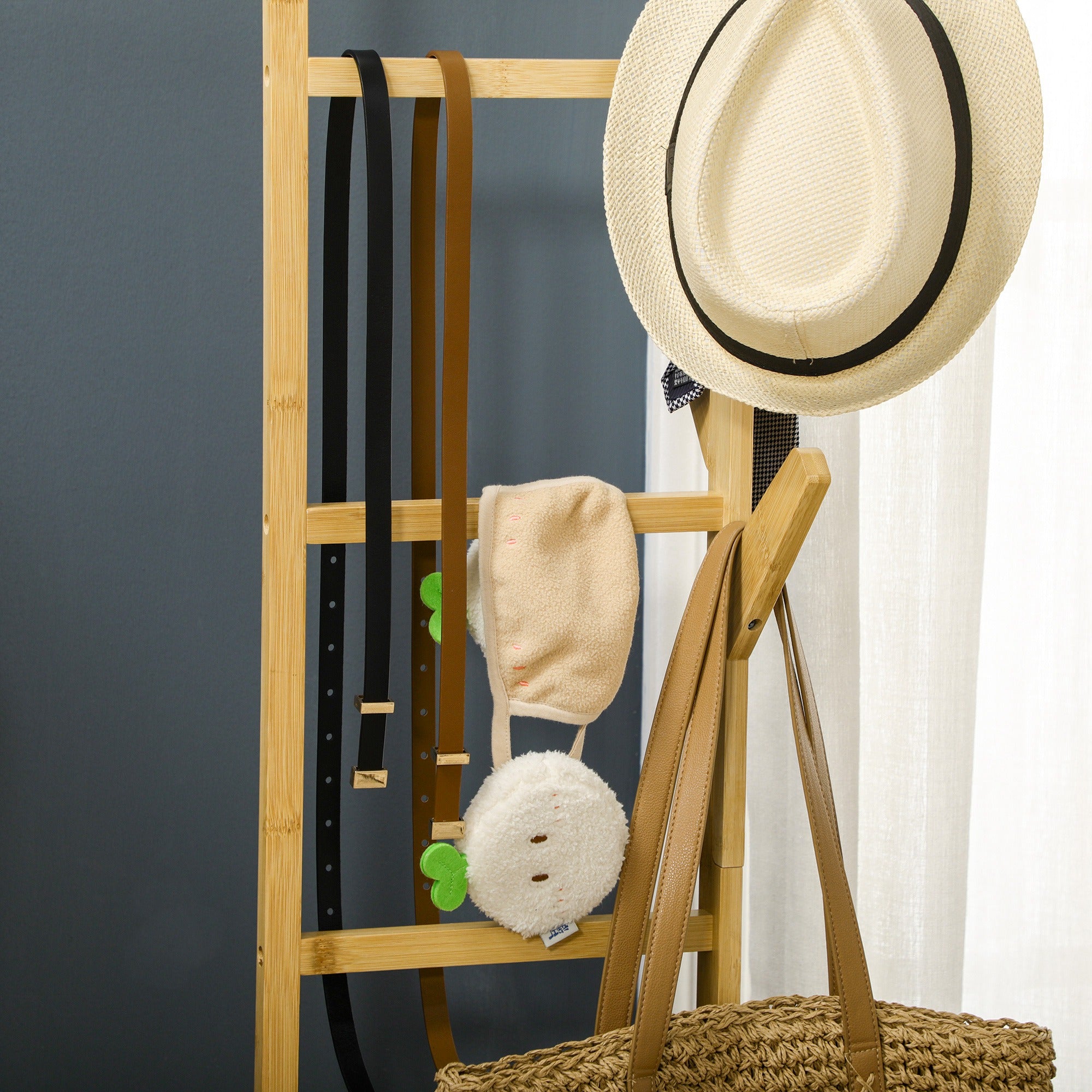 Bamboo Standing Clothes Rail with Wheels Coat Rack with 6 Hooks Hanging Rail and Shelf for Hallway Entryway Bedroom 100x37x191 cm Natural