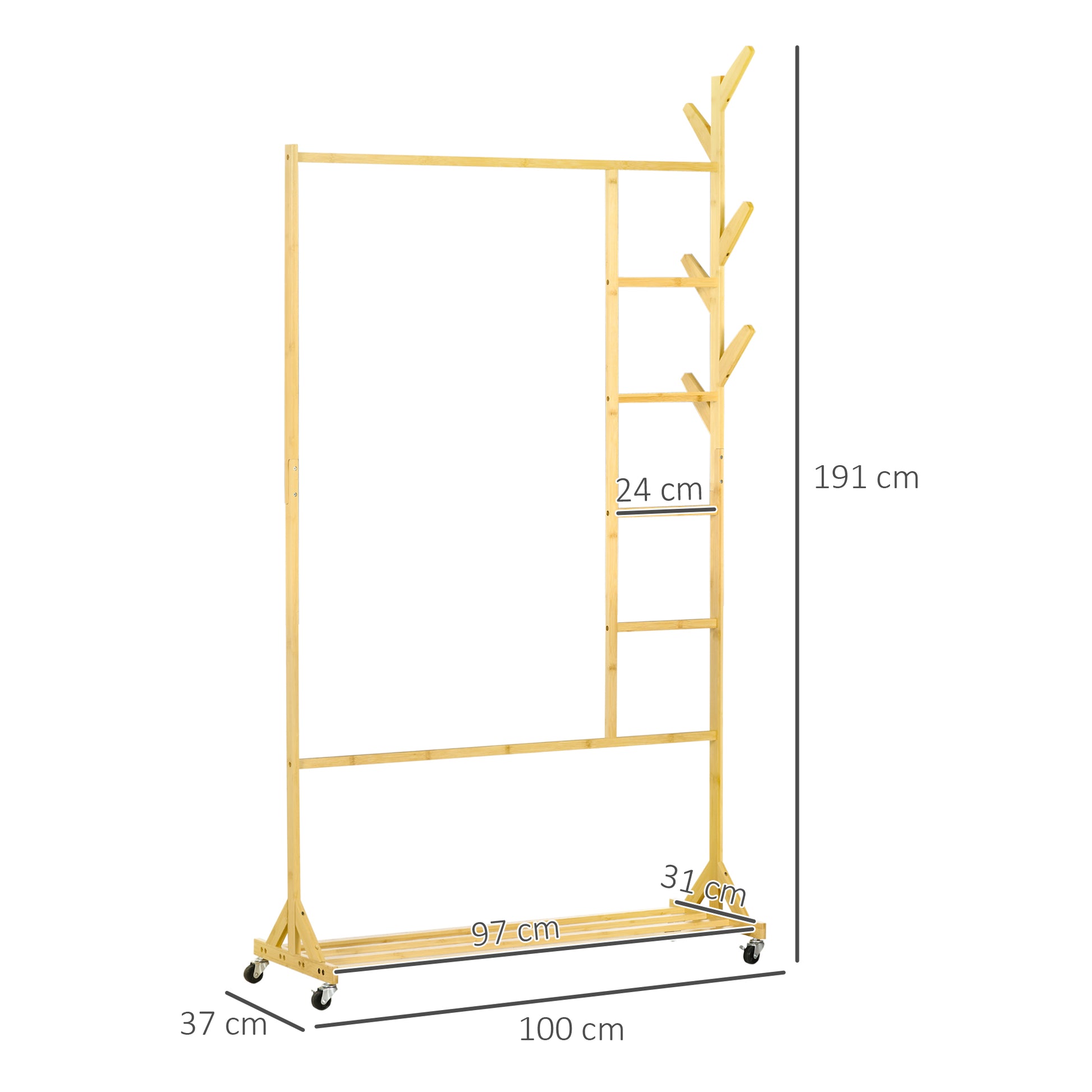 Bamboo Standing Clothes Rail with Wheels Coat Rack with 6 Hooks Hanging Rail and Shelf for Hallway Entryway Bedroom 100x37x191 cm Natural