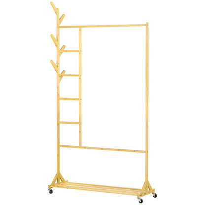 Bamboo Standing Clothes Rail with Wheels Coat Rack with 6 Hooks Hanging Rail and Shelf for Hallway Entryway Bedroom 100x37x191 cm Natural