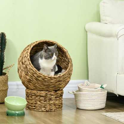 Rattan Cat Basket Cat Cave Cat Hut Cat Bed with Cushion Pet Bed Water Hyacinth Brown 42 x 33 x 52 cm