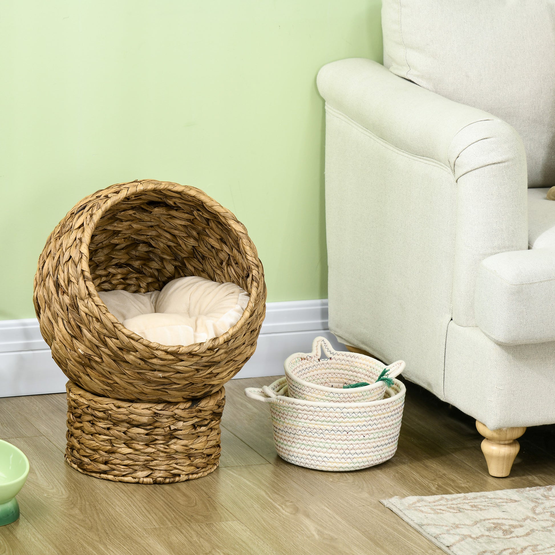 Rattan Cat Basket Cat Cave Cat Hut Cat Bed with Cushion Pet Bed Water Hyacinth Brown 42 x 33 x 52 cm