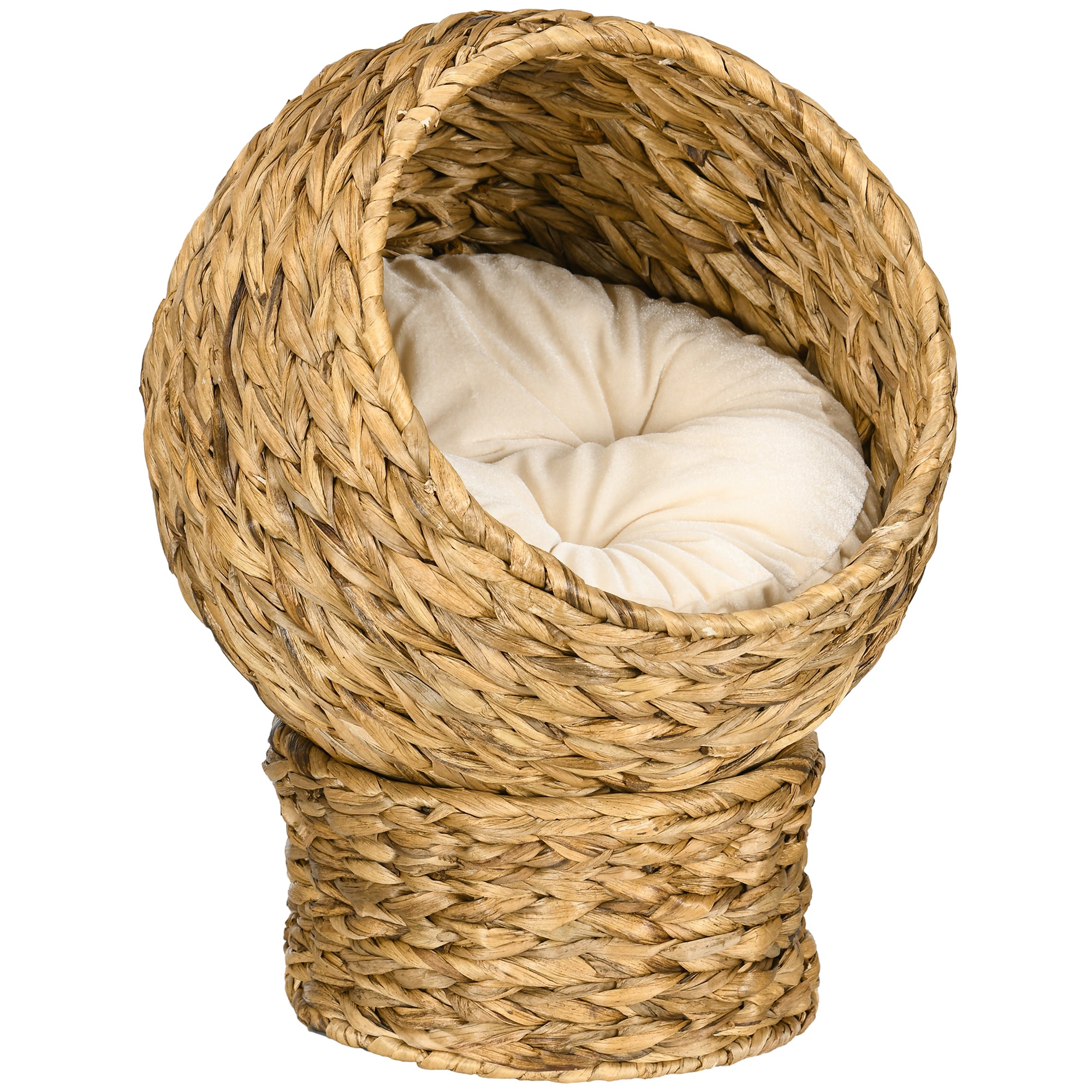 Rattan Cat Basket Cat Cave Cat Hut Cat Bed with Cushion Pet Bed Water Hyacinth Brown 42 x 33 x 52 cm