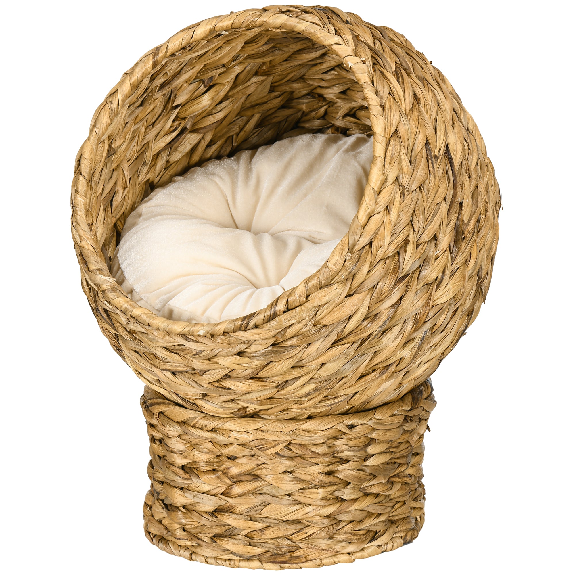 Rattan Cat Basket Cat Cave Cat Hut Cat Bed with Cushion Pet Bed Water Hyacinth Brown 42 x 33 x 52 cm